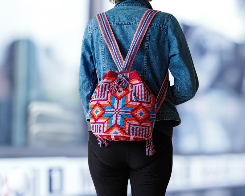 Wayuu Mochila Crochet Convertible Backpack with Adjustable Straps and Drawstring Closure image 3