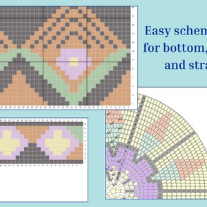 May include: A digital craft pattern featuring grid-based schematics for a bag bottom, sides, and strap. The design uses a color palette of gray, cream, green, lilac, and orange. The text "Easy schematics for bottom, sides and strap" is visible.