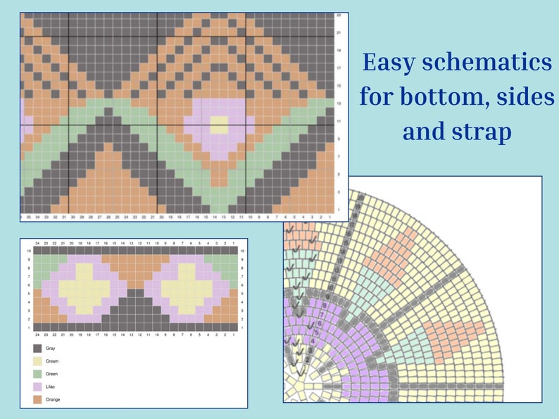 May include: A digital craft pattern featuring grid-based schematics for a bag bottom, sides, and strap. The design uses a color palette of gray, cream, green, lilac, and orange. The text "Easy schematics for bottom, sides and strap" is visible.