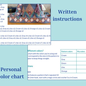 May include: A document containing written instructions for a crochet project, featuring a photo of a patterned bag with orange, lilac, gray, and cream yarn. It includes a personal color chart table with columns for pattern colors and user colors.