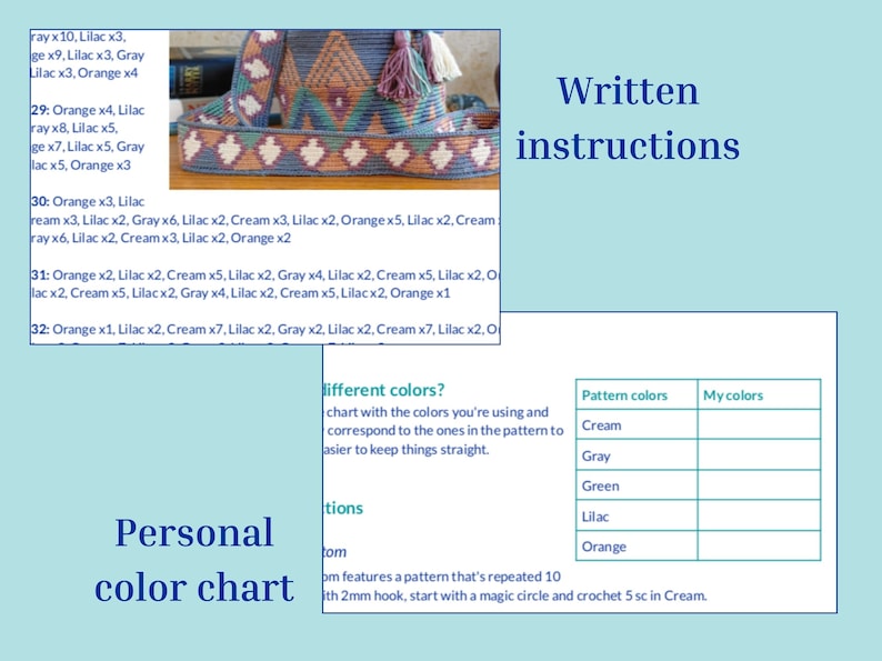 May include: A document containing written instructions for a crochet project, featuring a photo of a patterned bag with orange, lilac, gray, and cream yarn. It includes a personal color chart table with columns for pattern colors and user colors.