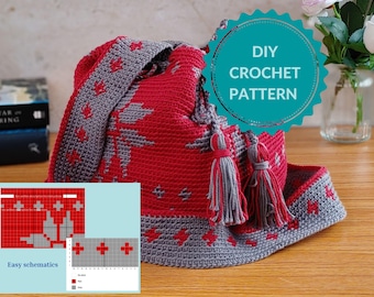 Nordic Snowflake Wayuu Bag Crochet Pattern – Mochila Crossbody Purse, Tapestry PDF in English and Dutch, Schematics & Written Instructions