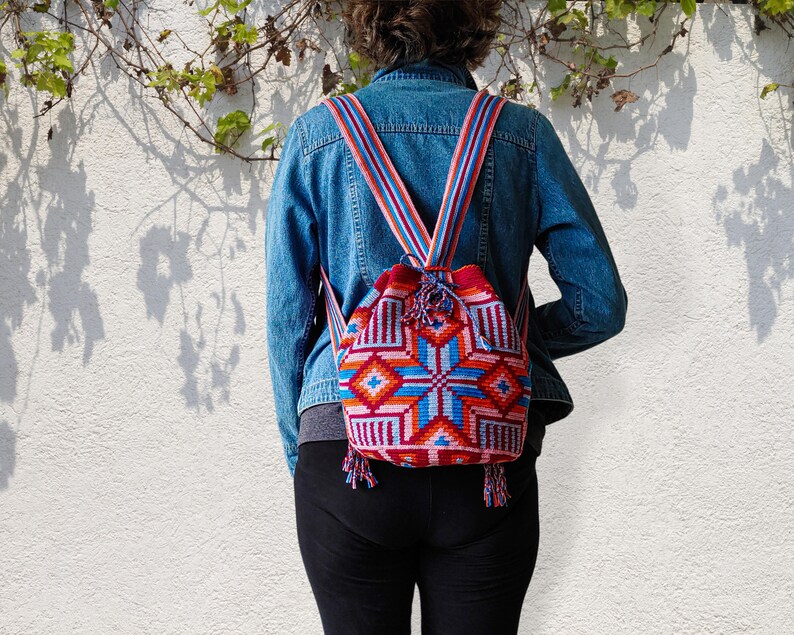 Wayuu Mochila Crochet Convertible Backpack with Adjustable Straps and Drawstring Closure image 5