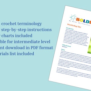 May include: A digital PDF crochet pattern for a Mochila Bag titled Ella by Boldly Hooked. The document features written instructions, color charts, a materials list, and a photograph of a person wearing the finished bag with a drawstring closure.