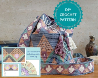 Modello Mochila all'uncinetto per borsa a tracolla stile Wayuu con tabella colori e istruzioni scritte, download PDF stampabile per livello intermedio