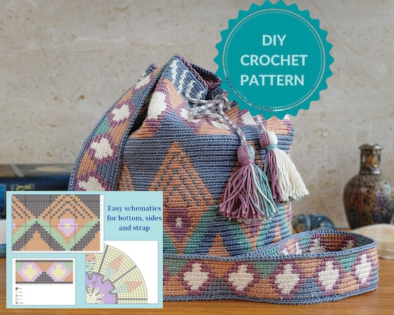 Mochila Crochet Pattern for Wayuu Style Crossbody Bag w/ Color Chart & Written Instructions, Printable PDF Download for Intermediate Level