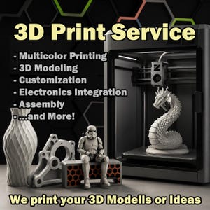 Könnte beinhalten: Ein 3D-Drucker mit einer weißen Drachenfigur, davor eine weiße Vase, eine mechanische Halterung und eine weiße Stormtrooper-Figur auf einem Block. Der Text lautet: 3D Print Service, Multicolor Printing, 3D Modeling, Customization, Electronics Integration, Assembly, ...and More! We print your 3D Modells or Ideas.
