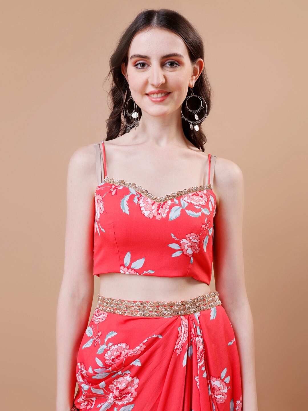 Women's Beige Printed Co-Ords Set with Shrug