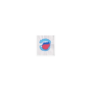 May include: A square sticker featuring a graphic illustration of an open mouth with bright blue lips, white teeth, and a prominent red tongue. The design is centered on a white background with a thin white border surrounding the entire square shape.
