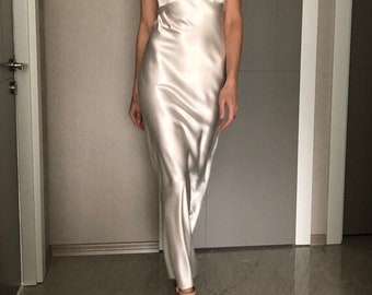 Ivory Maxi Silk Satin Dress,Light Silver Silk Satin Maxi Length Slip Dress with a Long Side Slip Dress,V Neck Bias Cut Dress, Bridesmaids