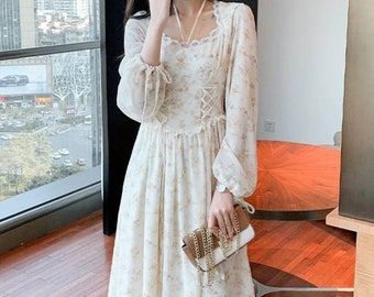 Sweet Flower Long Sleeve Lace Midi Dress, Victorian Dress, Summer Dress, Party Dress, Prom Dress, Printed Long Sleeved Dress, Dress