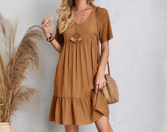 Summer Women Fashion Casual V-Neck Solid Long Dress, Vintage High Waist A-Line Simple Elegant Lantern Sleeve Party Dress, Summer Dress