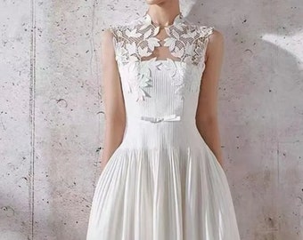 Embroidery White Lace Waist Up Sleeveless Flowers Pleated Women Prom Dress, Lace Spliced Sleeveless Dress, Prom Dress Party, Evening Dress