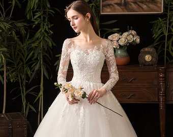 Abito da sposa con ricamo in pizzo semplice illusione, abito da sposa a maniche lunghe, abito da sposa con abito da ballo, abito da sposa in pizzo, abito da sposa, abito da sposa