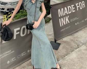 Women Ruched V-neck Denim Long Dress with Puff Sleeves, Plain Shirred Fishtail Summer Dress, V-neck Fishtail Slim Long Skirt, Dress