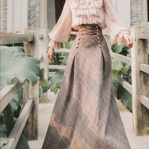 Vintage Plaid Long Skirt Women,  Lace Up Tweed, High Waisted Lace Up A-Line Woolen Maxi Skirts, Victorian Dress, Victorian Style, Dress