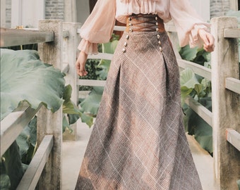 Vintage Plaid Long Skirt Women,  Lace Up Tweed, High Waisted Lace Up A-Line Woolen Maxi Skirts, Victorian Dress, Victorian Style, Dress