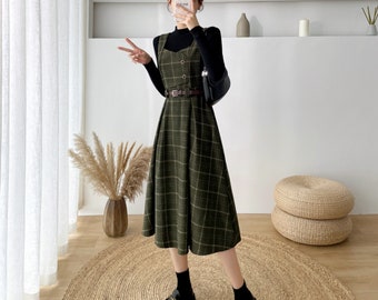 Elegant Woolen Dresses, Vintage Dress Victorian Skirt Vintage Prairie Dress, Fall Dress, Formal Plaid Dress-Fall Tweed Dress, Gift for her