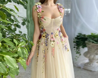 3D Flowers Spaghetti Straps Prom Dress,  A-line Tulle Wedding Gown Birthday Party Dress, Fairytale Graduation Dress, 3D Flowers Bustier