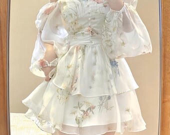 Mini-robe en mousseline de soie à manches longues, robe de soirée pour femme, robe de fée bohème pour les vacances de plage, robe de style français fairycore floral col carré