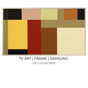 Puede incluir: Impresión de arte geométrico abstracto con marco. La impresión presenta una variedad de colores, incluyendo negro, amarillo, rojo, marrón y beige. La impresión está titulada "TV Art | Frame | Samsung IT SO | Studio Print".