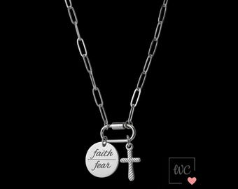 Faith Over Fear Necklace, Engraved Christian Cross Charm, Inspirational Jewelry