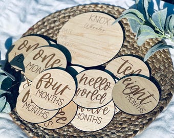 Wooden Baby Milestone Discs: Birth Announcement, Monthly Photo Props, Maple Keepsake