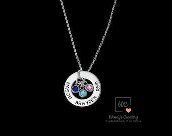 Personalized Birthstone Necklace, Custom Engraved Names, Family Jewelry, Gold Silver Finish