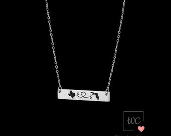 Personalized State Necklace: Gold Bar Pendant, Two State Connection Map, Long Distance Relationship Jewelry