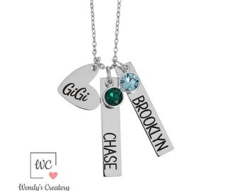 Personalized Bar Necklace with Grandkids Names & Birthstones, Custom Family Jewelry
