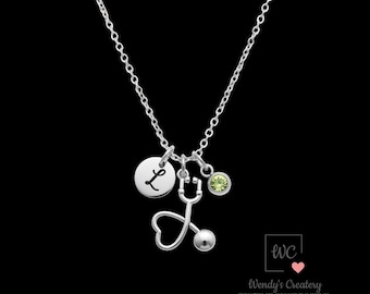 Personalized Stethoscope Necklace with Initial and Birthstone | RN Nurse Gift