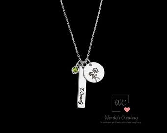Personalized Birth Flower Name Necklace, Custom Floral Birthstone Jewelry
