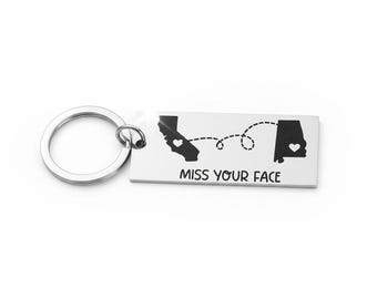 Long Distance Keychain: California Alabama State Connection Souvenir, Miss Your Face Gift