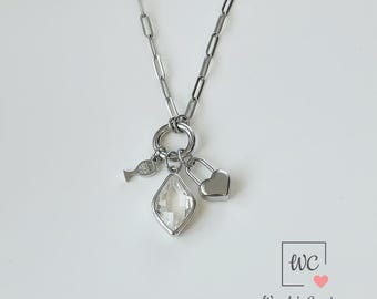 Wine Lover Charm Necklace, Crystal Accent, Paperclip Chain, Heart Lock Pendant