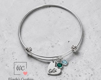 Personalized Grandma Heart Charm Bangle Bracelet | Custom Birthstone Jewelry
