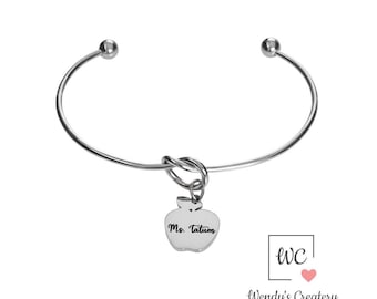 Personalized Teacher Apple Charm Bracelet • Custom Name Jewelry, Gold/Silver Finish