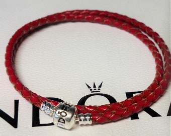 Bracciale Pandora in pelle intrecciata rossa per ciondoli Pandora con chiusura in argento sterling. 20 cm e 40 cm.