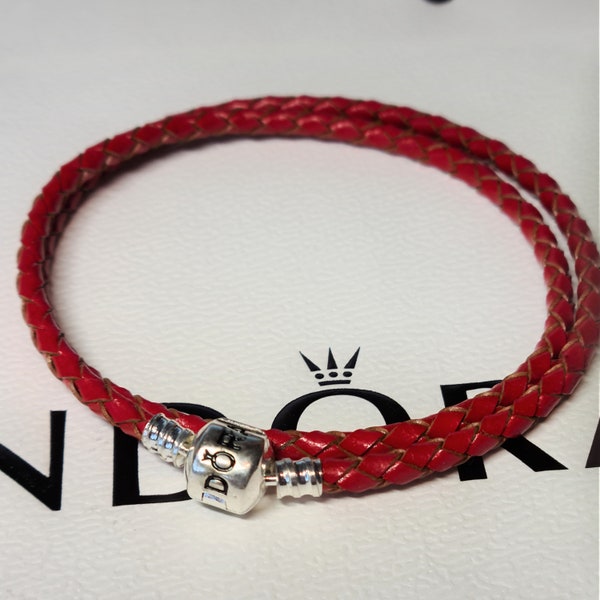 Pandora Red Woven Leather Bracelet for Pandora Charms with Sterling Silver Clasp. 20cm and 40cm.