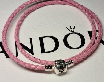 Pandora Pink Woven Leather Bracelet for Pandora Charms with Sterling Silver Clasp. 20cm and 40cm.