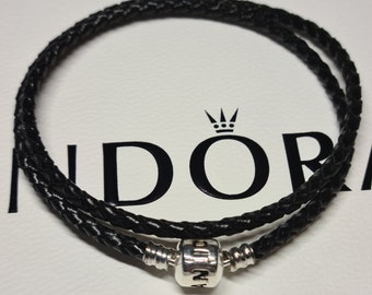 Pandora Black Woven Leather Bracelet for Pandora Charms with Sterling Silver Clasp. 20cm and 40cm.