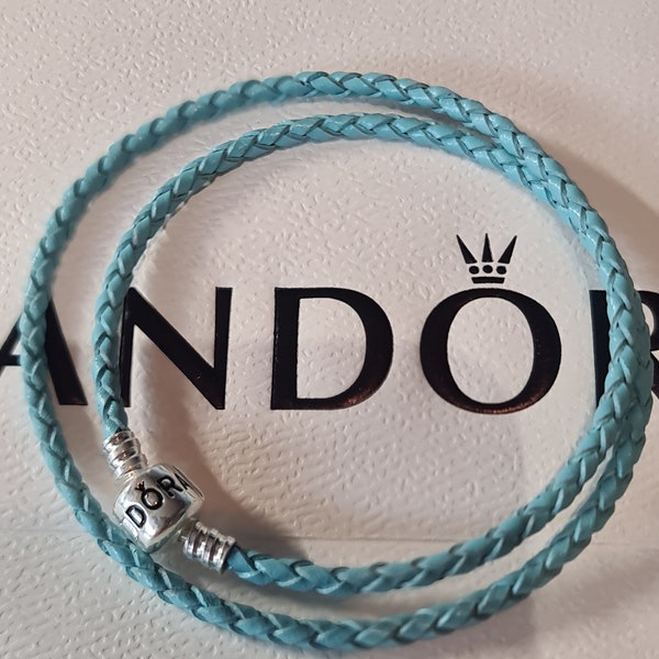 Pandora Blue Woven Leather Bracelet for Pandora Charms with Sterling Silver Clasp. 20cm and 40cm.