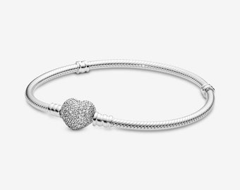 Pandora Moments Schlangenkettenarmband mit funkelndem Herz und Pavé-Verschluss, 20 cm, 590727CZ