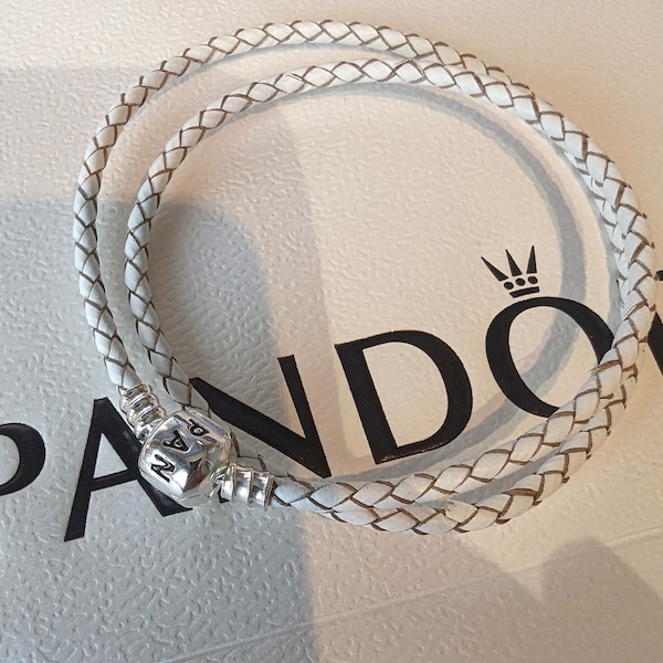 Pandora White Woven Leather Bracelet for Pandora Charms with Sterling Silver Clasp. 20cm and 40cm.