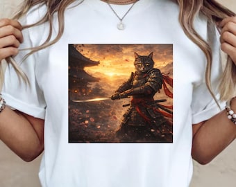 Samurai Cat Krieger T-Shirt - Majestätisches Samurai Cat Grafik-T-Shirt, japanisches Kriegerkatzen-Shirt, Anime-Stil Katze Samurai T-Shirt, Geschenk für Katzenliebhaber