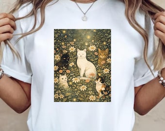 T-shirt facilement distrait par les chats – t-shirt floral vintage pour jardin de chats, chemise esthétique pour chats Cottagecore, haut graphique mignon pour amoureux des chats