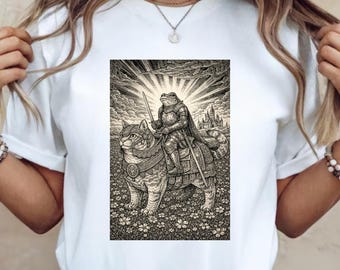 Camiseta divertida de rana y gato, camiseta de caballero con rana y gato, camiseta de caballero de fantasía