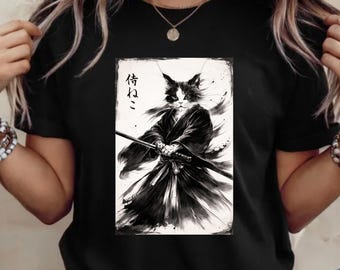 Camiseta de gato samurái: arte de gato guerrero con tinta sumi-e japonesa, camiseta estética de gato samurái, camiseta con gráfico de gato katana estilo japonés