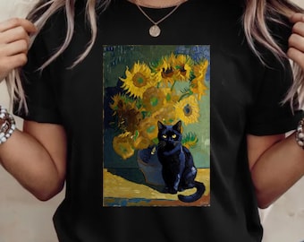 Black Cat Sunflower Art Shirt – Van Gogh Style Cat Painting Tee, Aesthetic Sunflowers Cat T-Shirt, Vintage Artistic Cat Graphic Tee