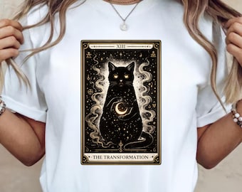 Koszulka z mistycznym czarnym kotem i grafiką tarota – Moon Magic Witchy Occult w stylu vintage, karta tarota Czarny kot, upiorny prezent dla kota