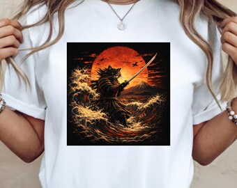 Samurai Cat T-Shirt, Japanese Art Cat Shirt, Ukiyo-e Style Warrior Cat Tee, Epic Cat Samurai Graphic T Shirt, Anime Inspired Cat Art